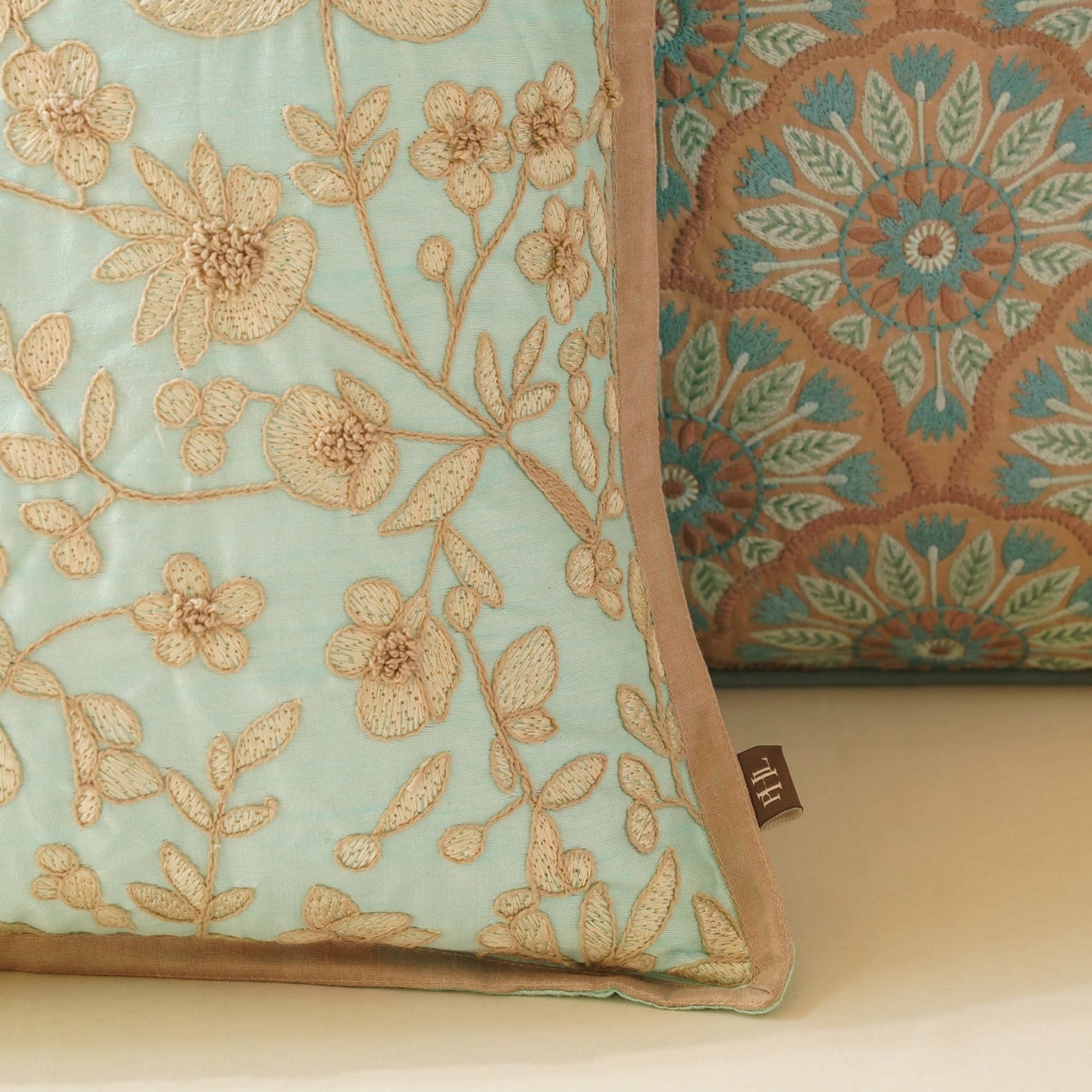 Blue Floral Embroidered Cushion Cover