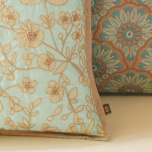 Blue Floral Embroidered Cushion Cover