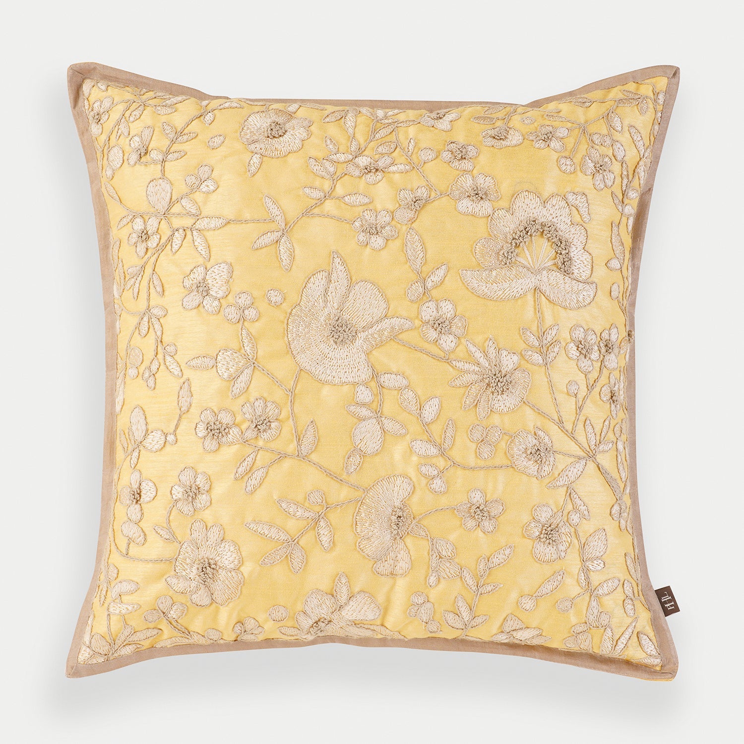 Yellow Floral Embroidered Cushion Cover