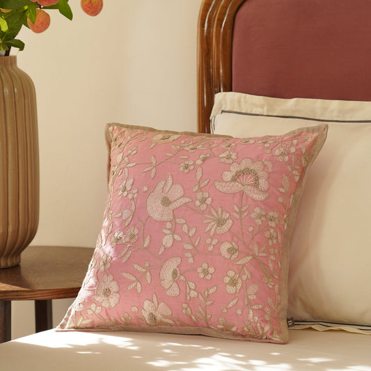 Pink Floral Embroidered Cushion Cover