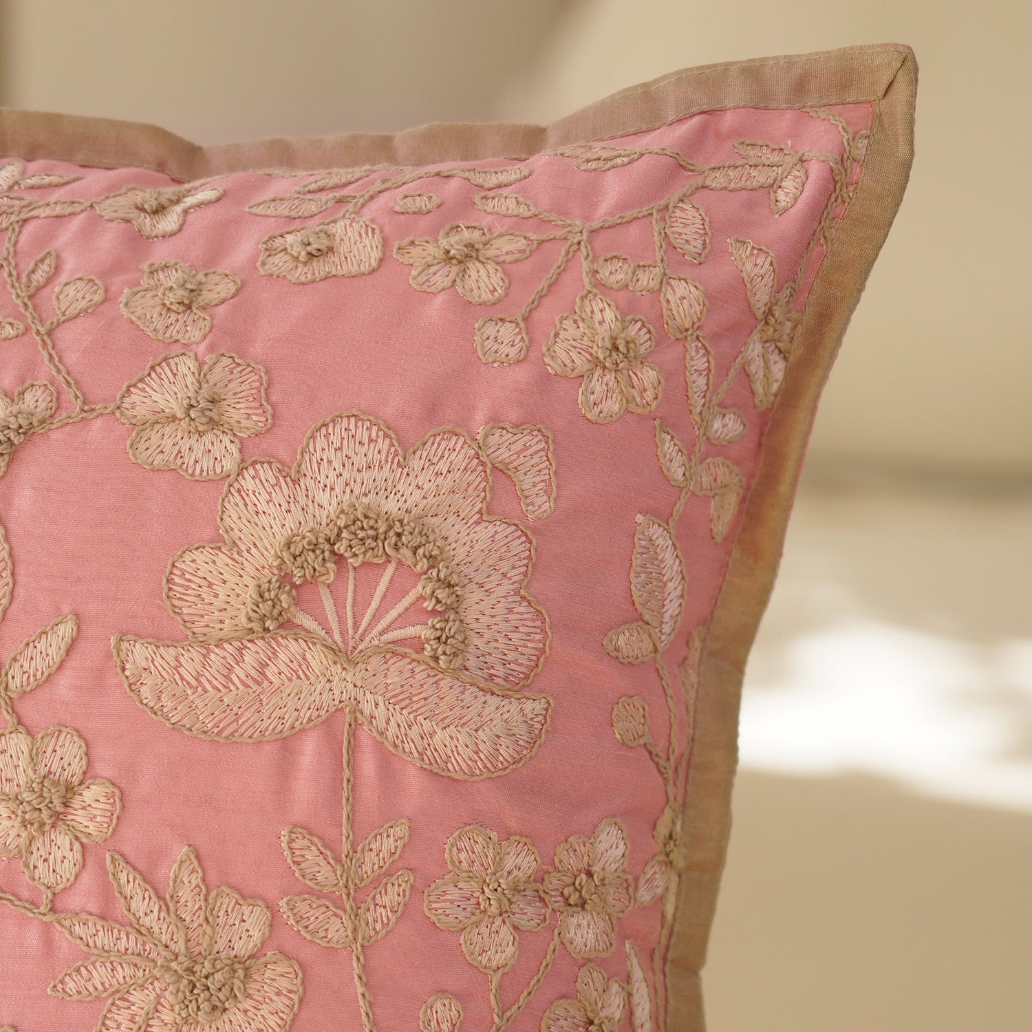 Pink Floral Embroidered Cushion Cover