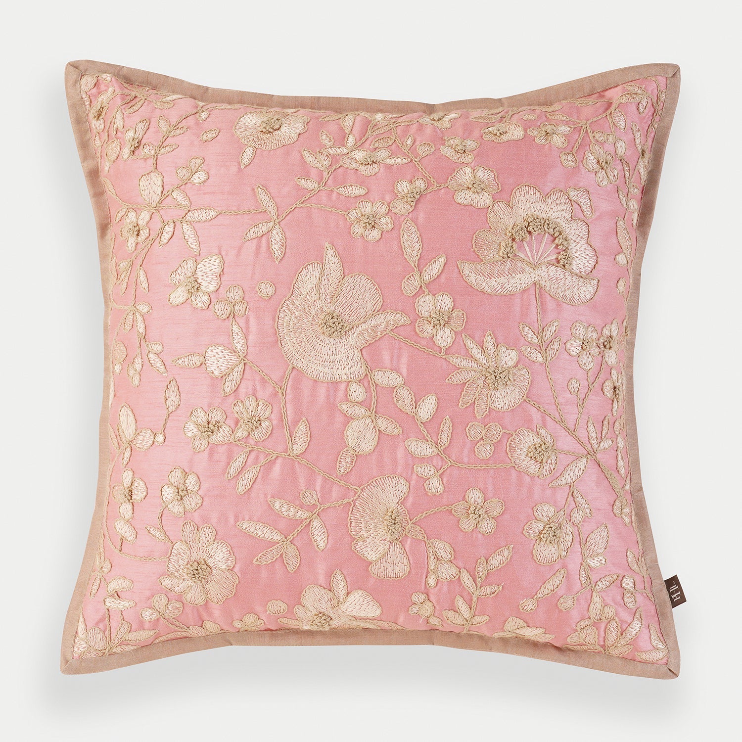 Pink Floral Embroidered Cushion Cover