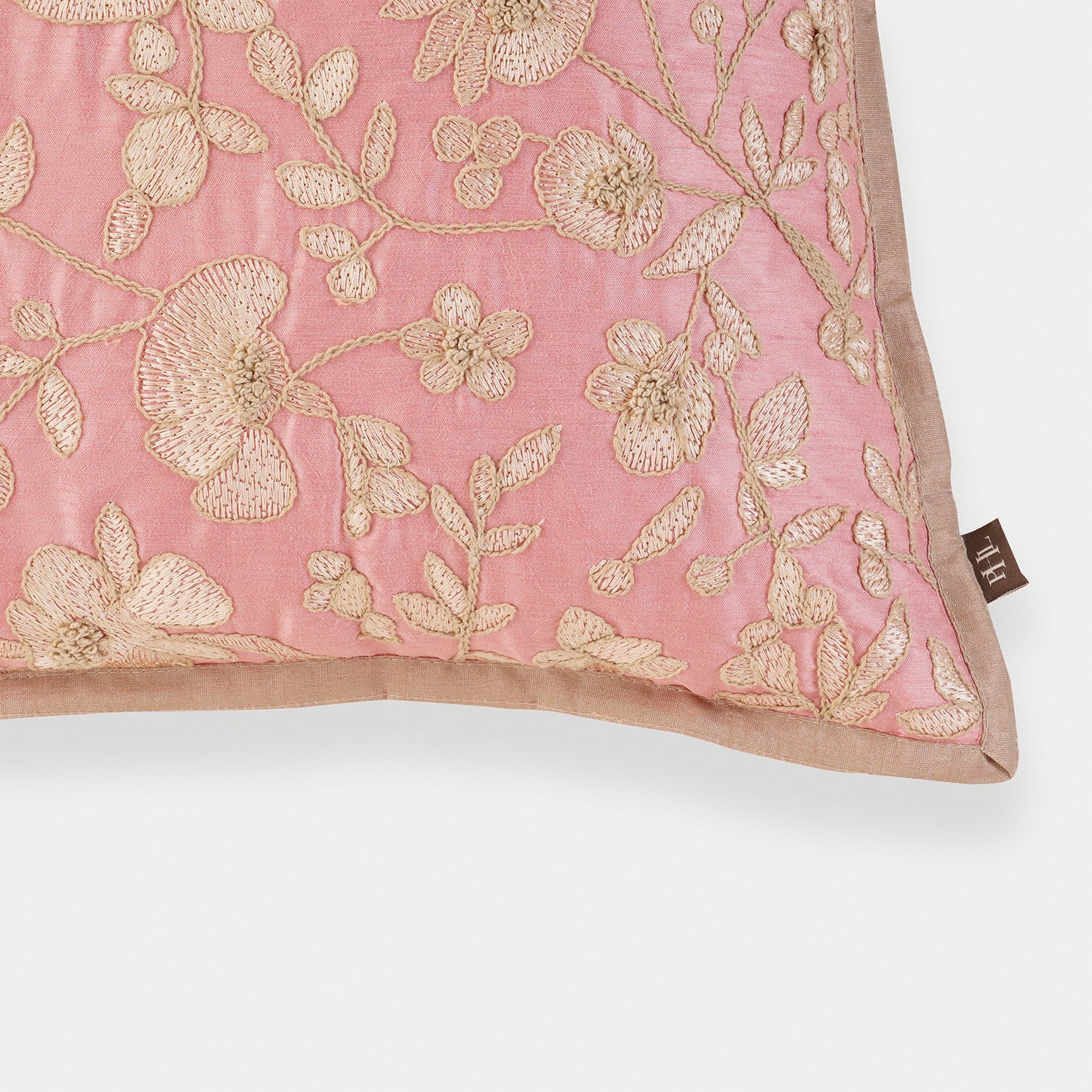 Pink Floral Embroidered Cushion Cover