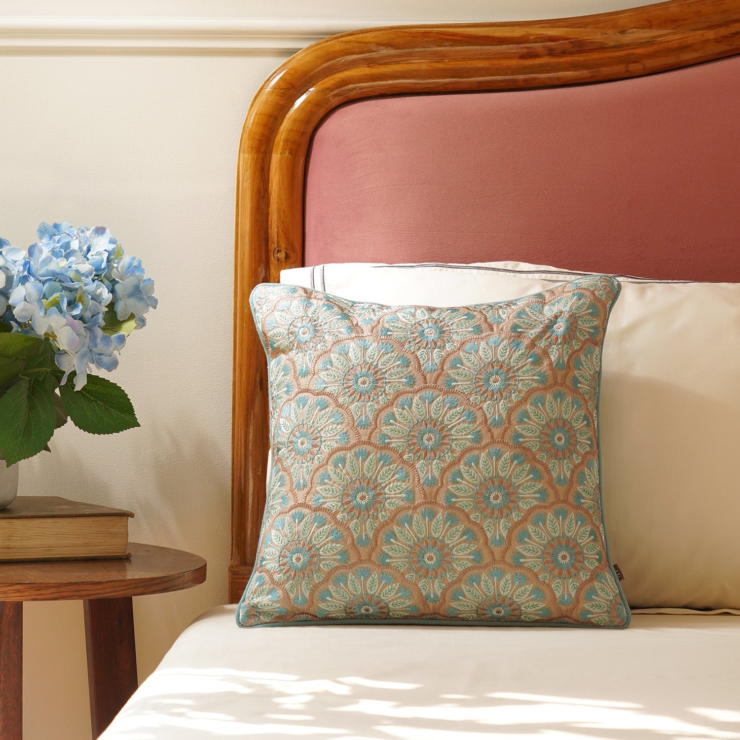 Blue Geometric Embroidered Cushion Cover