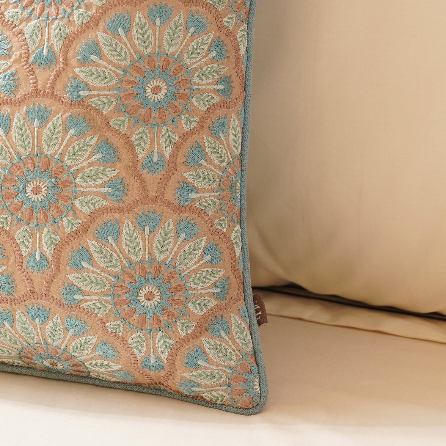 Blue Geometric Embroidered Cushion Cover