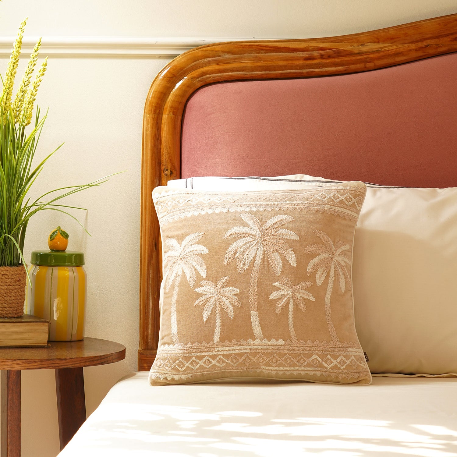 Palm Embroidered Velvet Cushion Cover