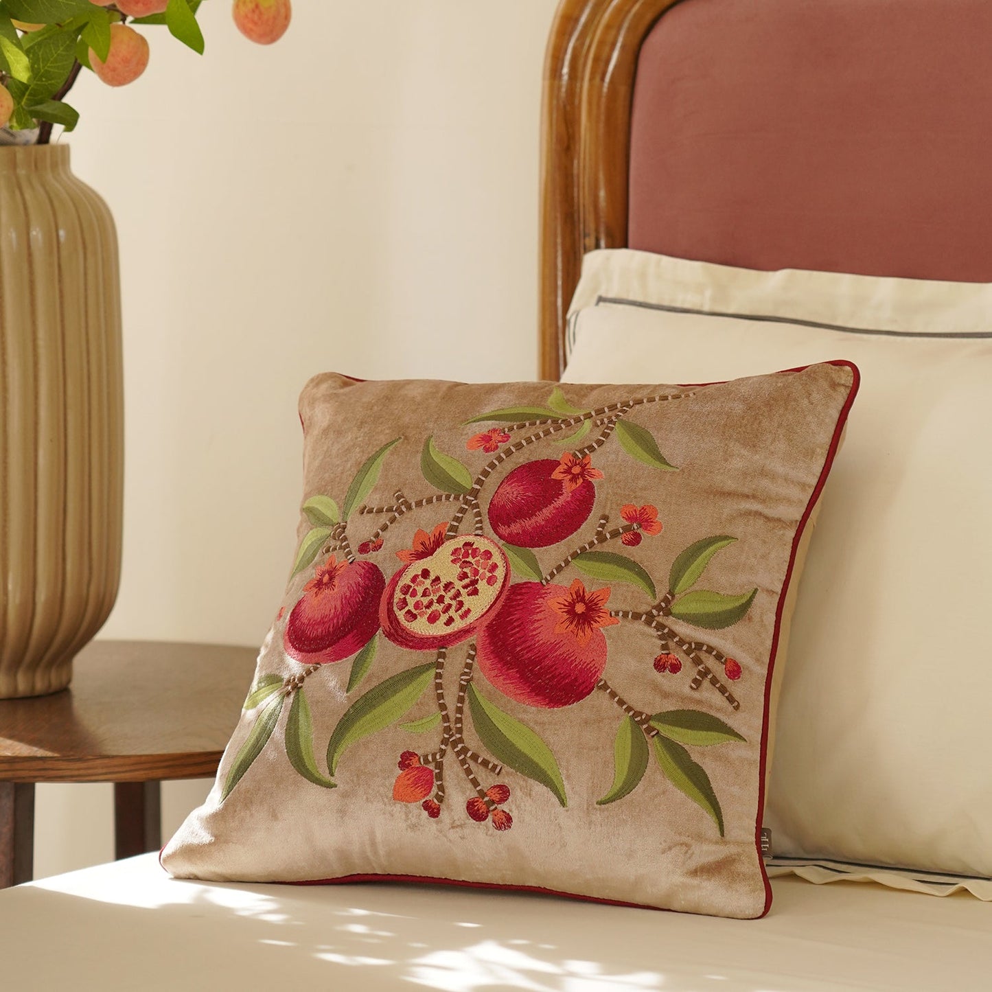 Pomegranate Embroidered Velvet Cushion Cover