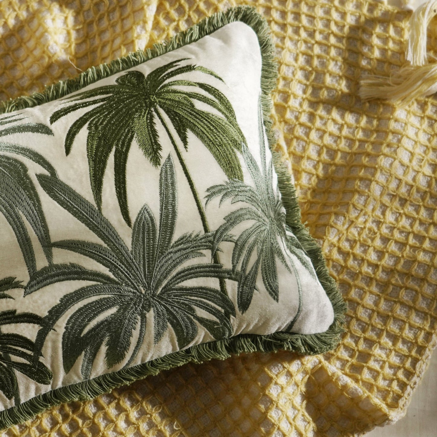 Green Palm Embroidered Cushion Cover