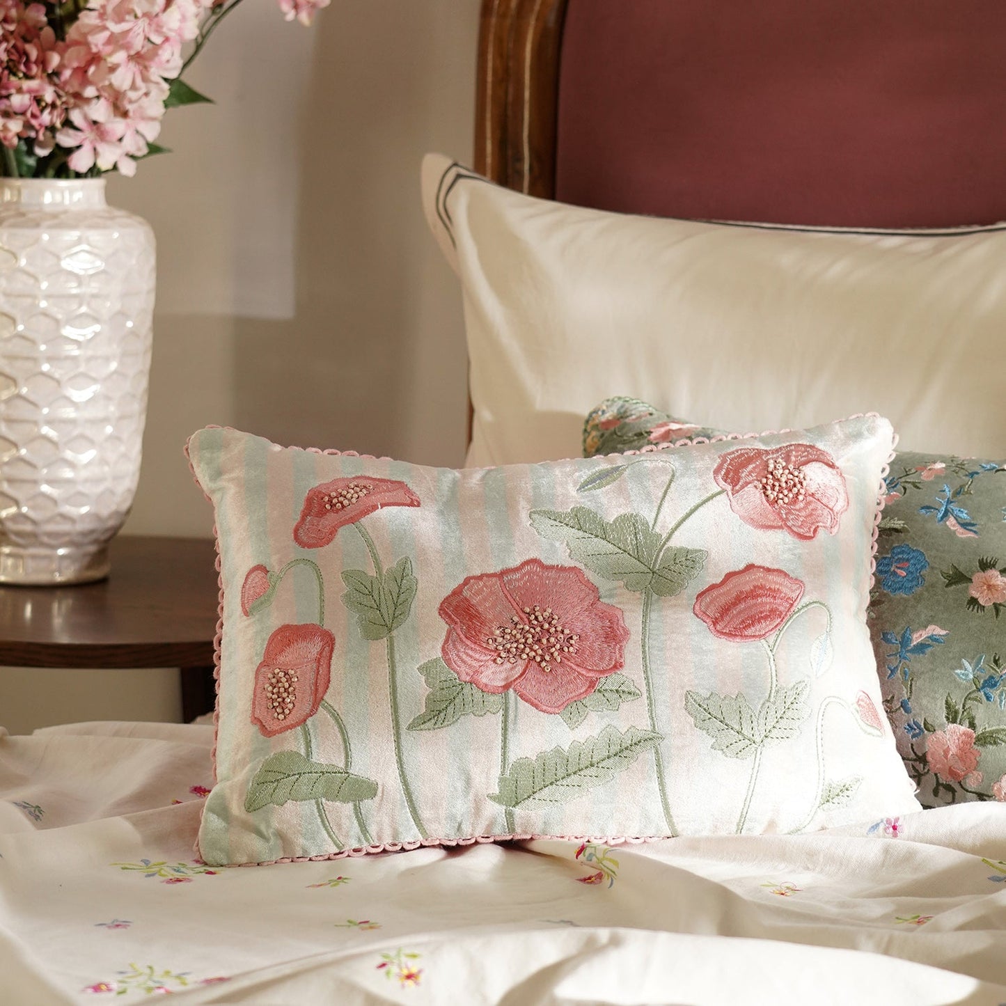 Blue Striped & Floral Embroidered Cushion Cover