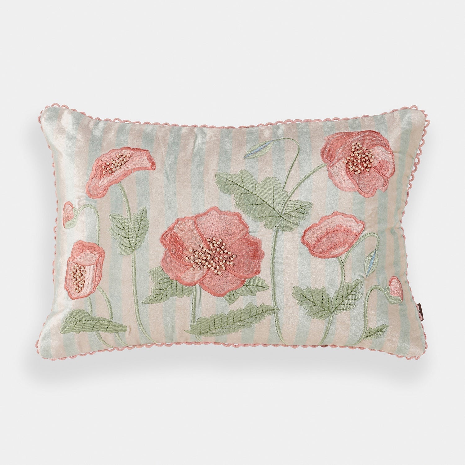 Blue Striped & Floral Embroidered Cushion Cover