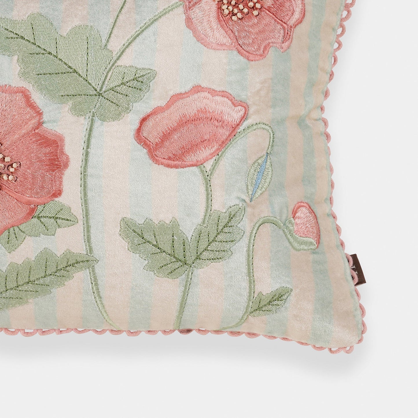 Blue Striped & Floral Embroidered Cushion Cover