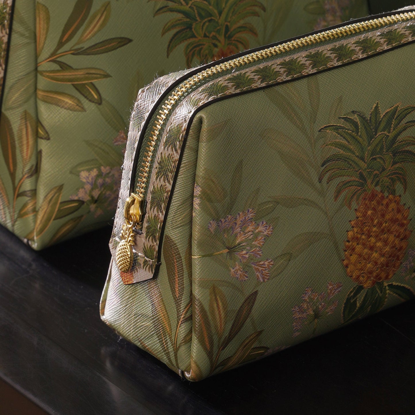 Green Pineapple Print Faux Leather Vanity Pouch - Small