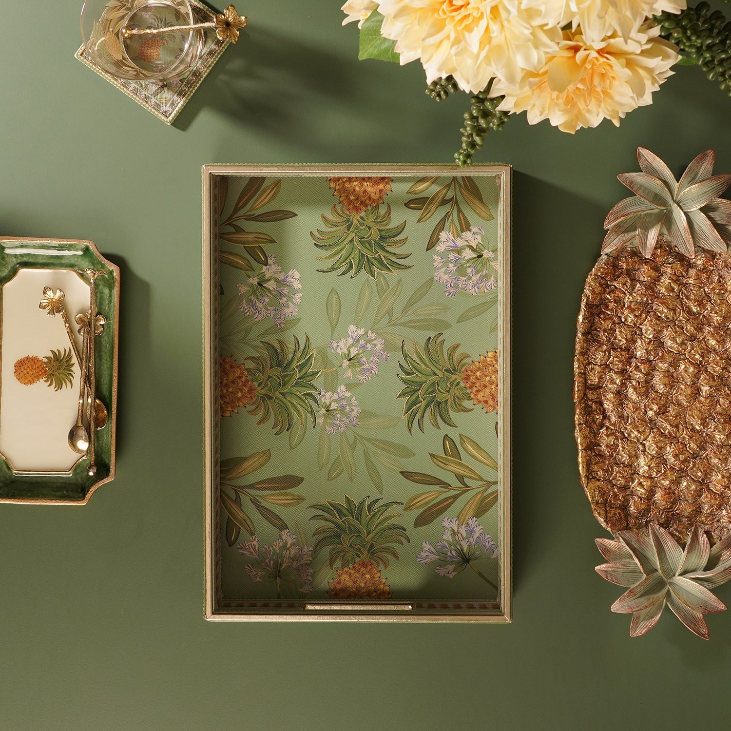 Green Pineapple Print Faux Leather Rectangular Tray