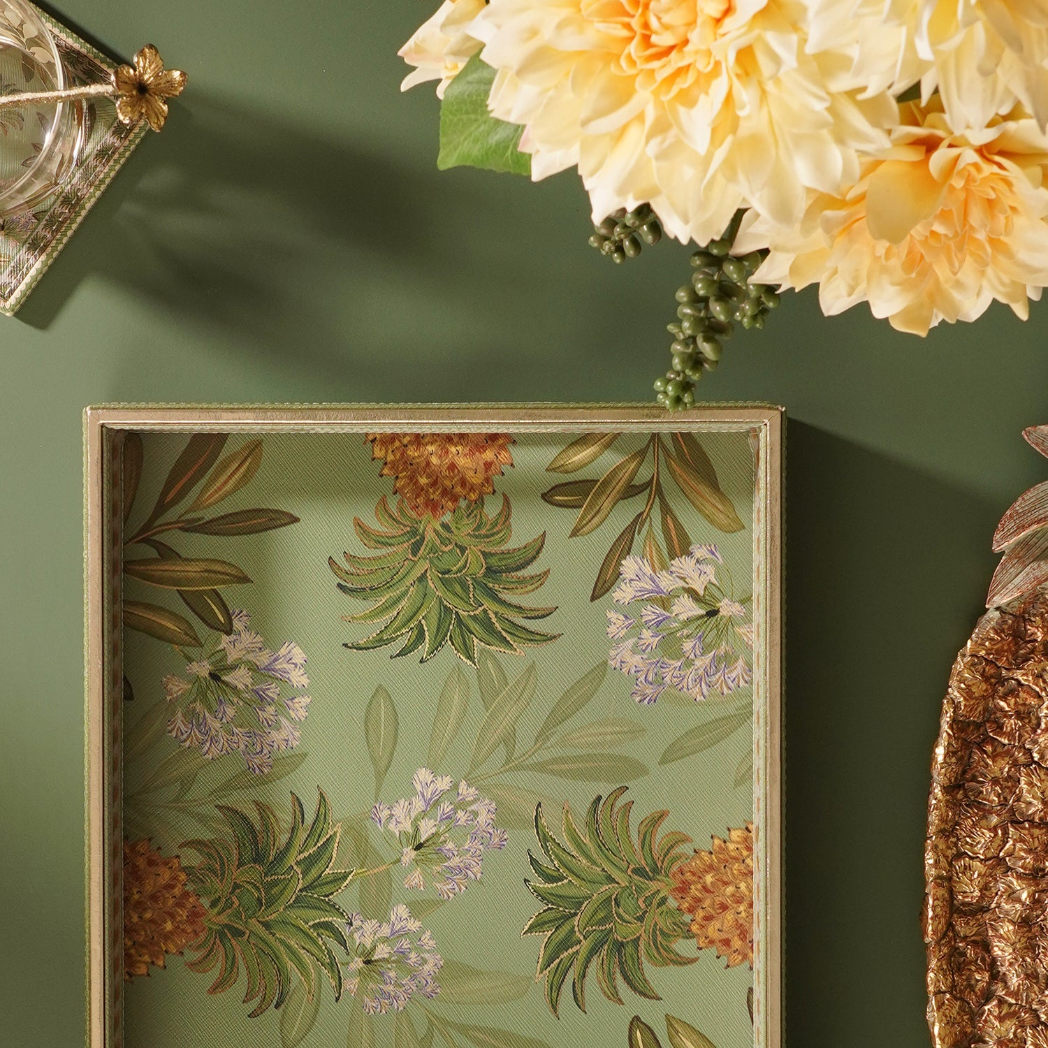 Green Pineapple Print Faux Leather Rectangular Tray