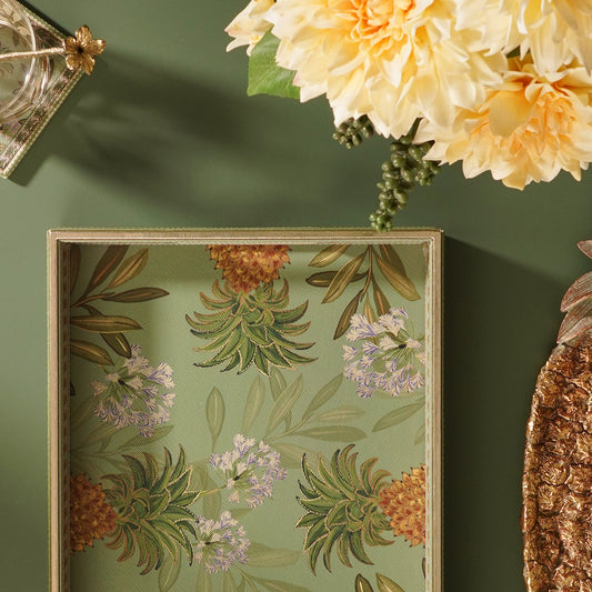 Green Pineapple Print Faux Leather Rectangular Tray
