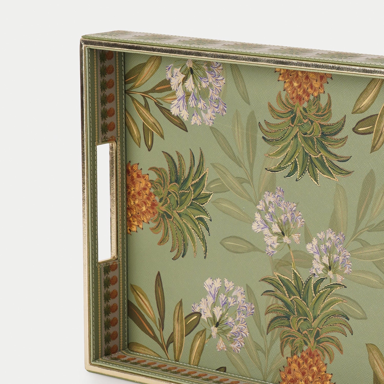 Green Pineapple Print Faux Leather Rectangular Tray