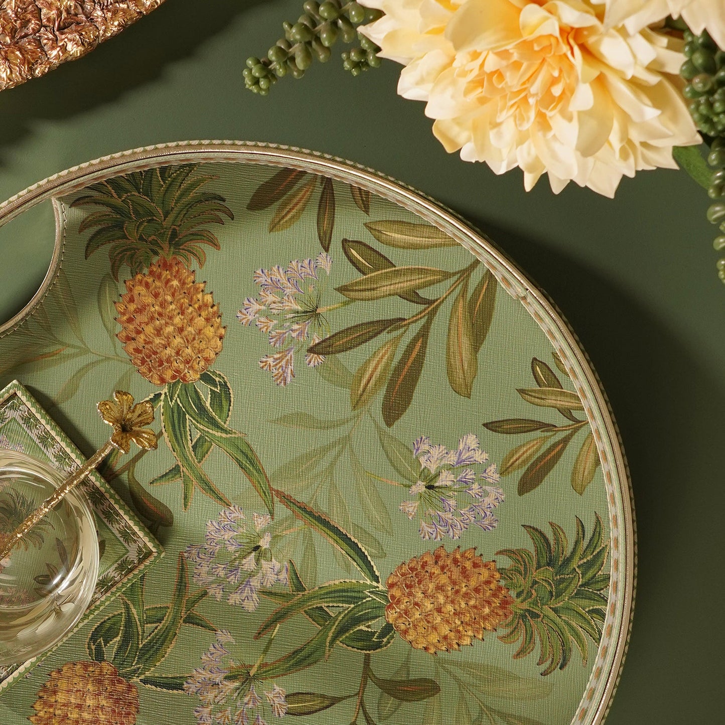 Green Pineapple Print Faux Leather Round Tray