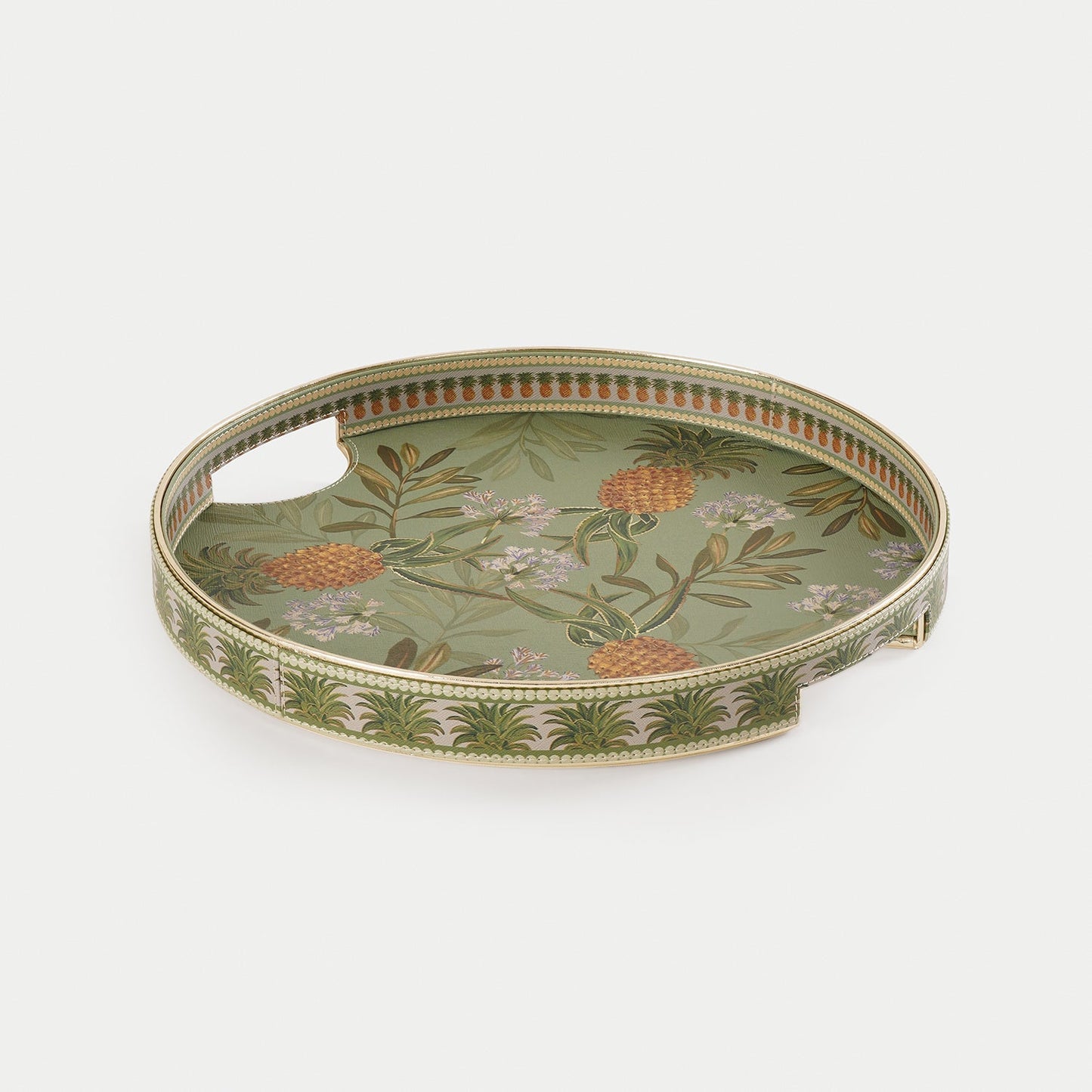 Green Pineapple Print Faux Leather Round Tray