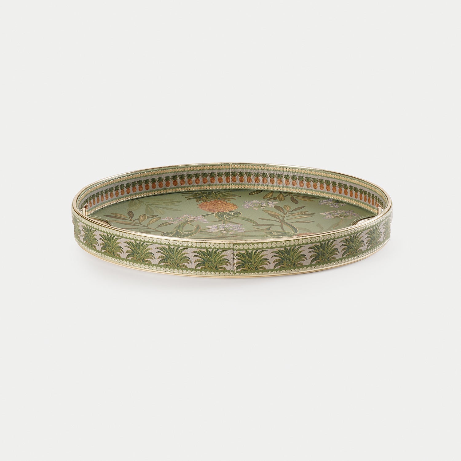 Green Pineapple Print Faux Leather Round Tray