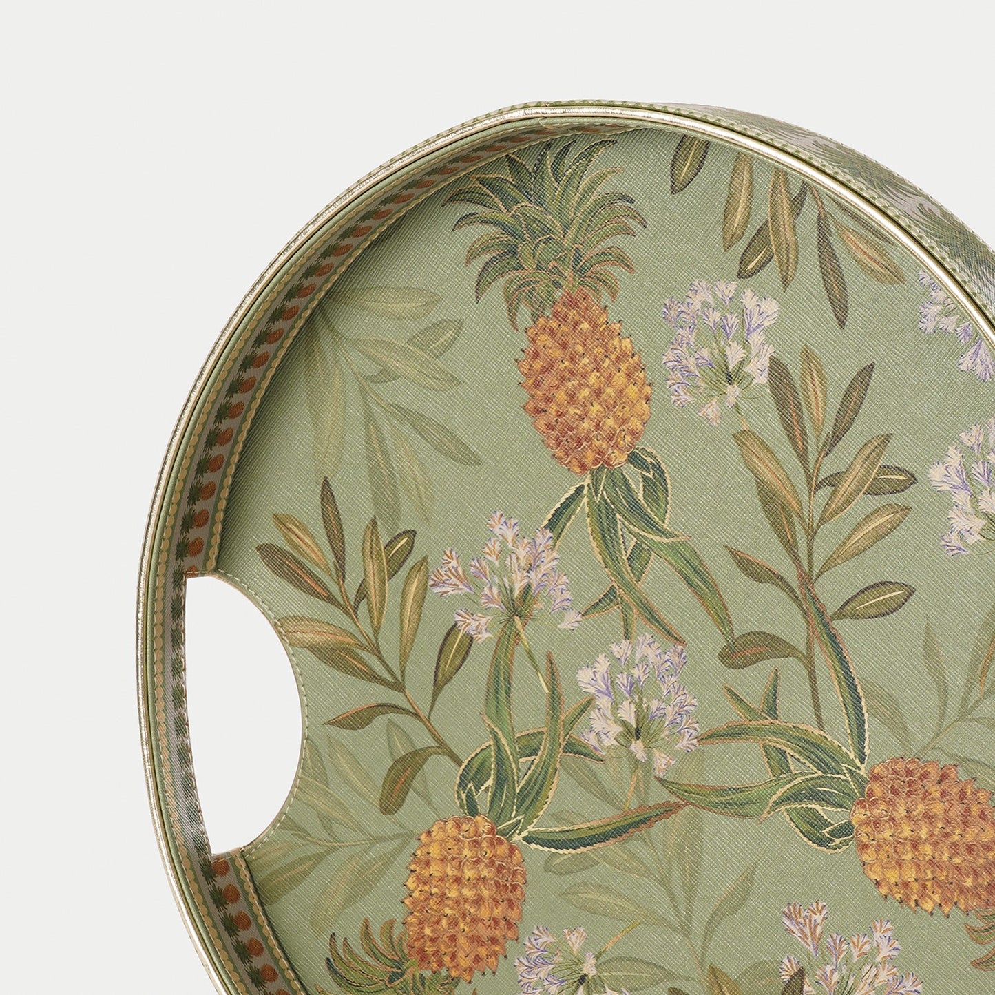 Green Pineapple Print Faux Leather Round Tray