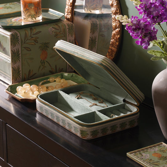 Green Pineapple Print Rectangle Faux Leather Travel Jewellery Box