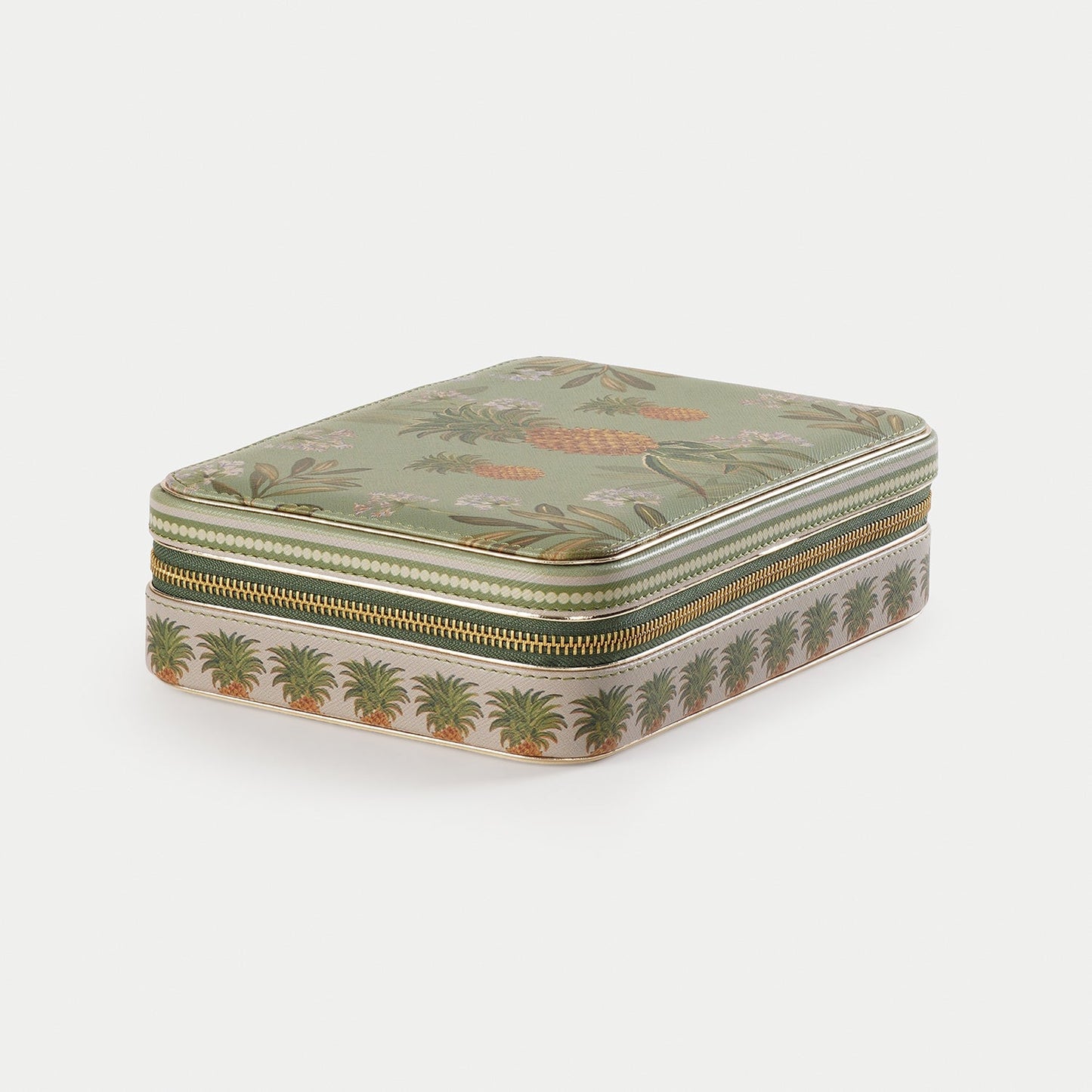 Green Pineapple Print Rectangle Faux Leather Travel Jewellery Box