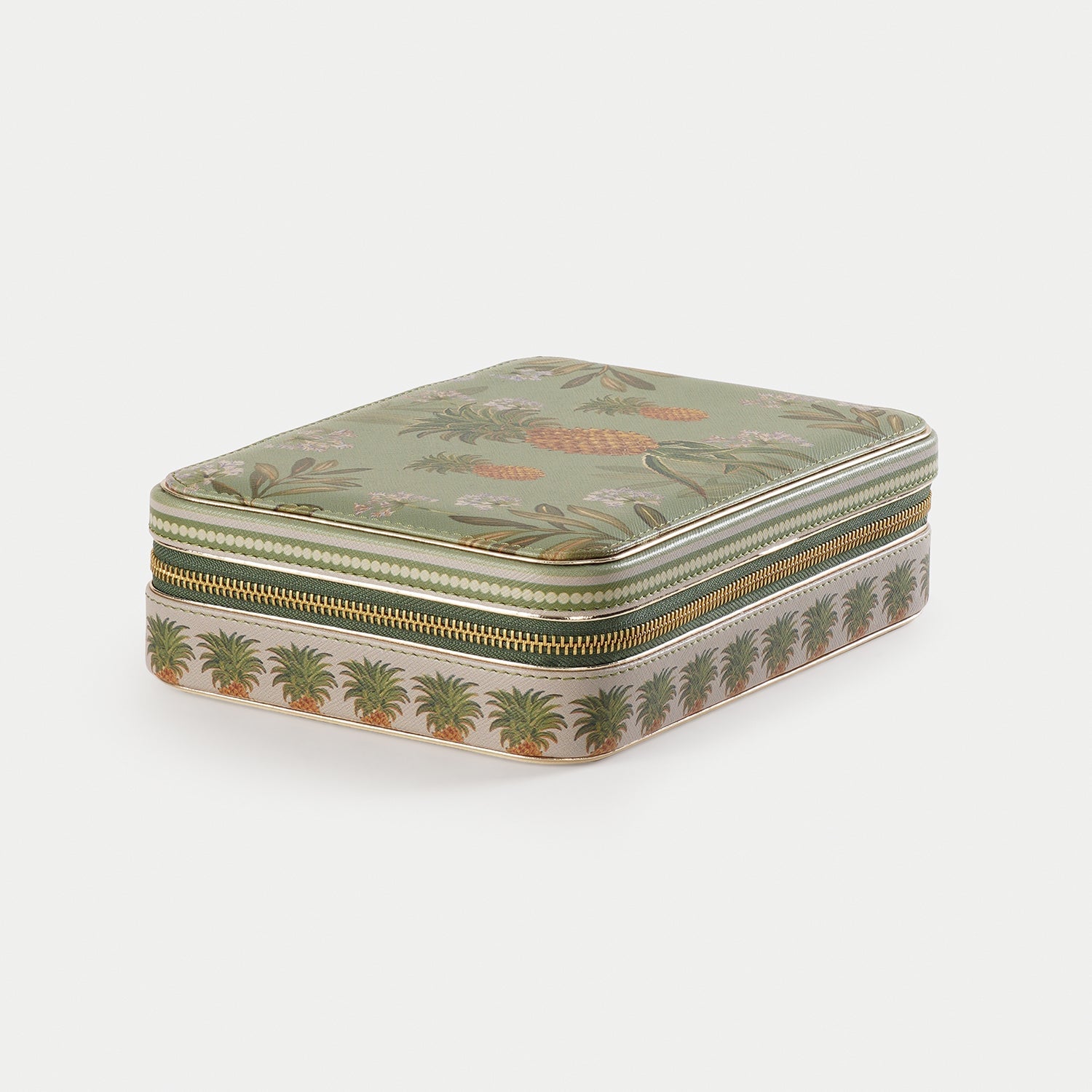 Green Pineapple Print Rectangle Faux Leather Travel Jewellery Box