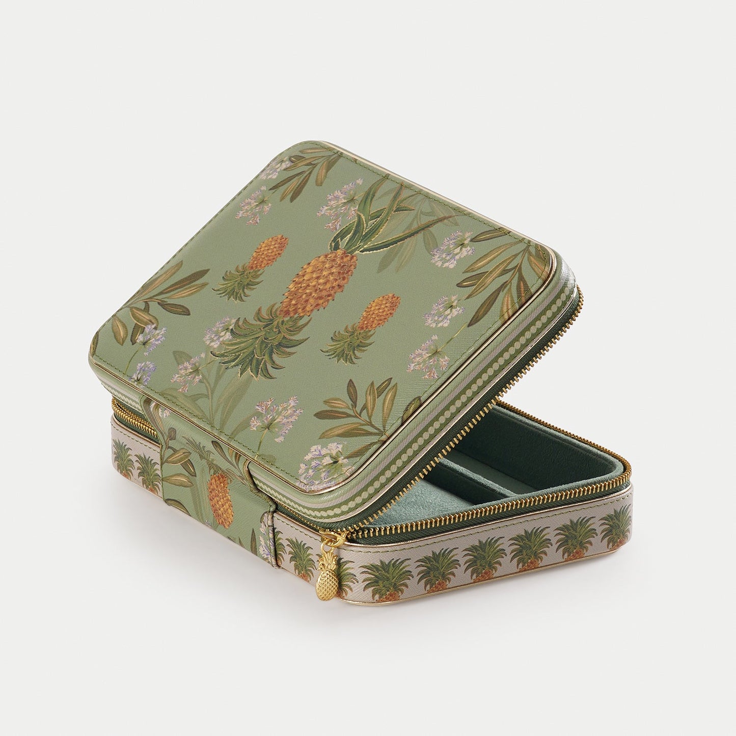 Green Pineapple Print Rectangle Faux Leather Travel Jewellery Box