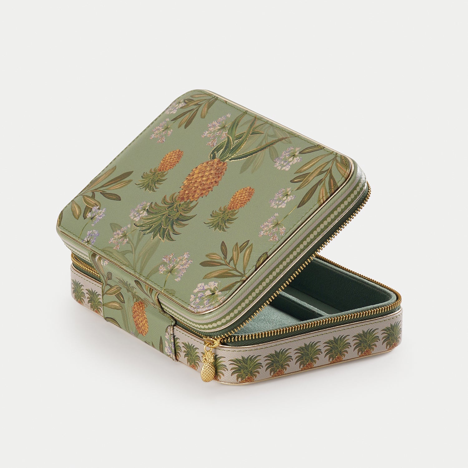 Green Pineapple Print Rectangle Faux Leather Travel Jewellery Box