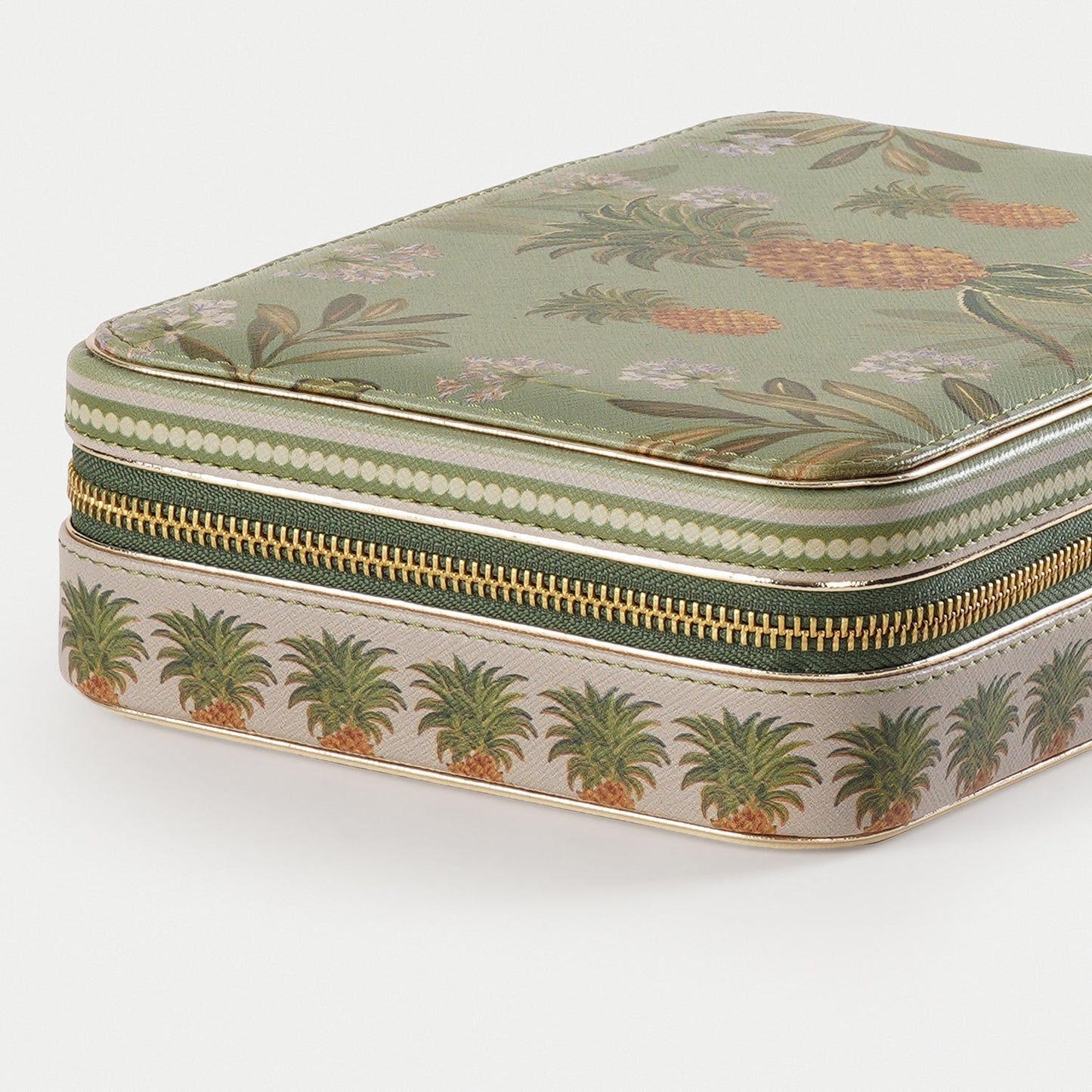 Green Pineapple Print Rectangle Faux Leather Travel Jewellery Box