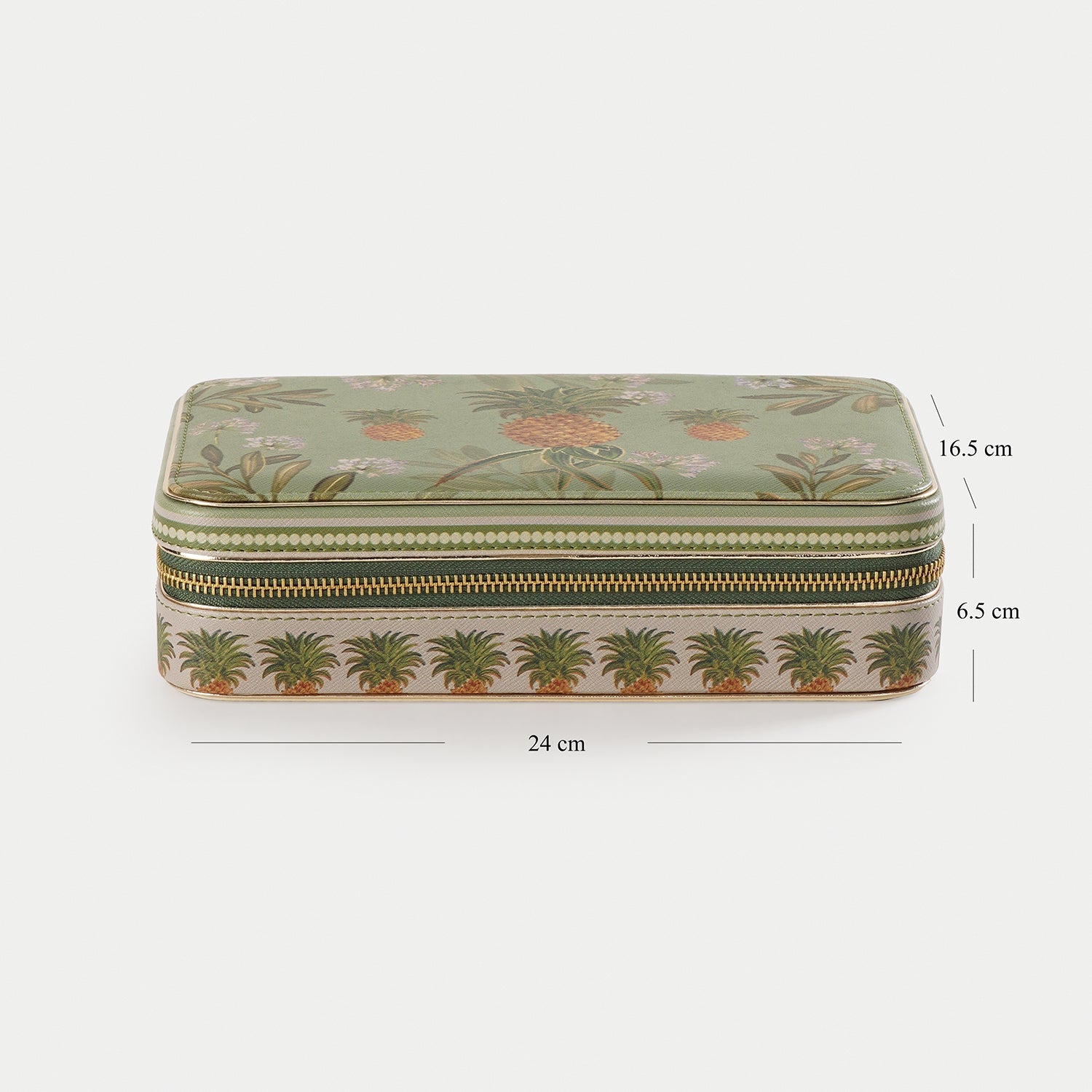 Green Pineapple Print Rectangle Faux Leather Travel Jewellery Box