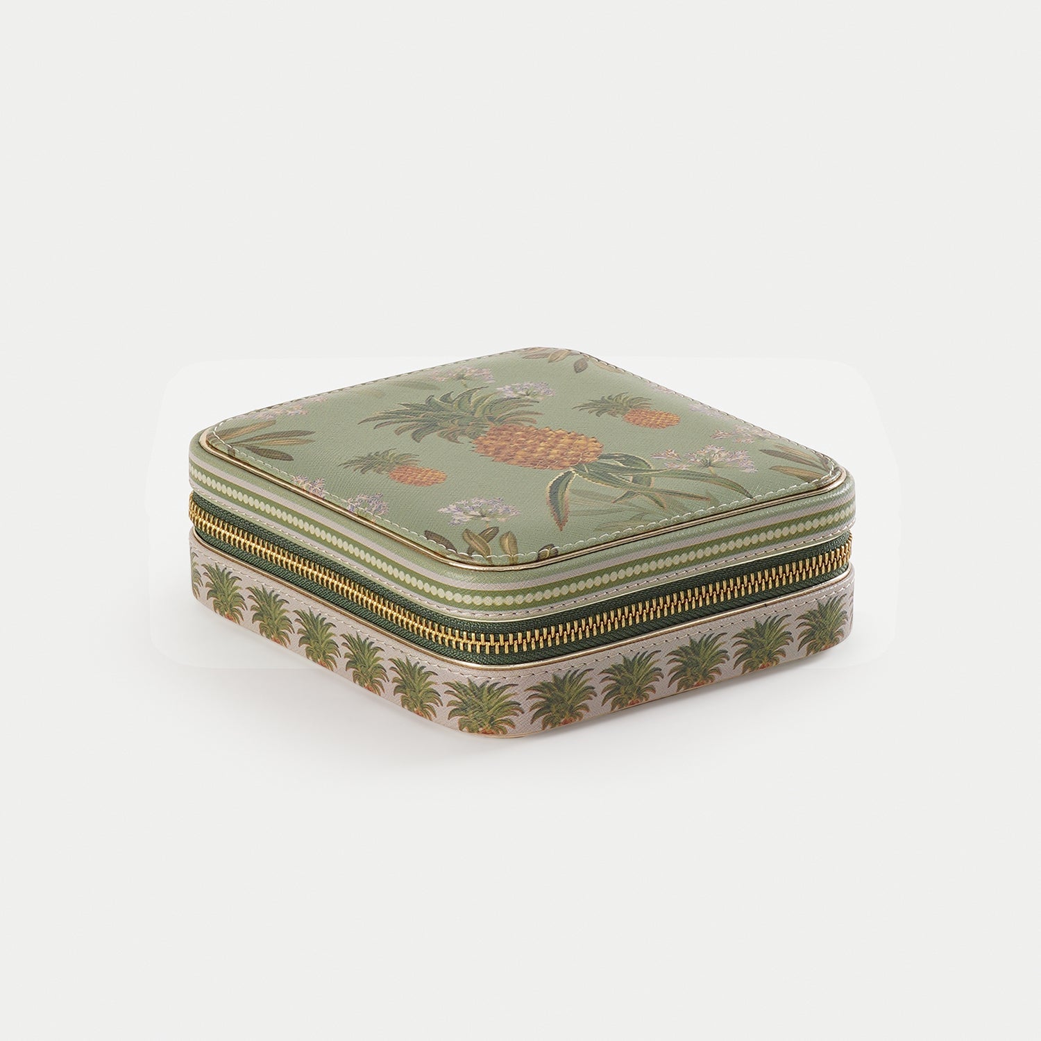 Green Pineapple Print Square Faux Leather Travel Jewellery Box