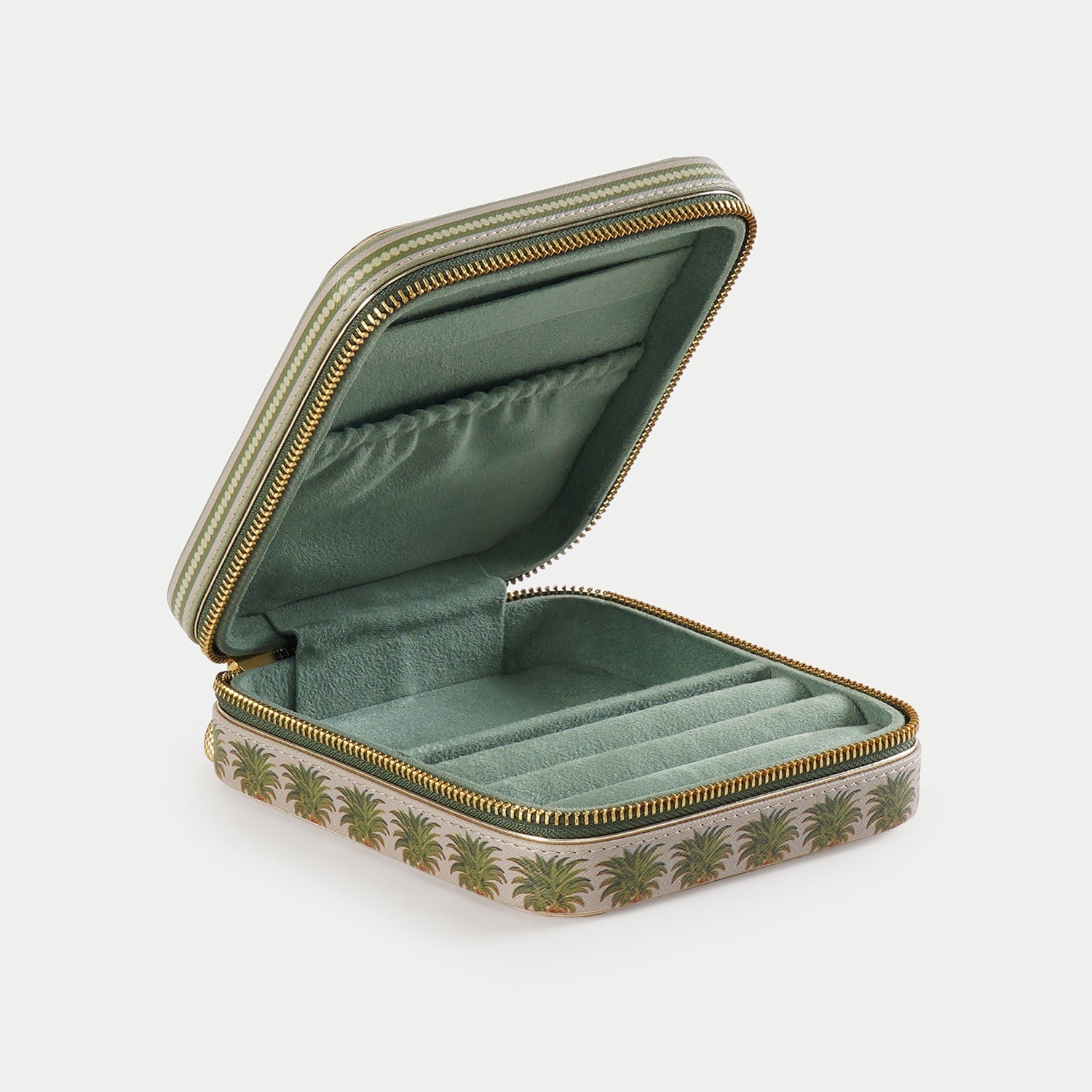 Green Pineapple Print Square Faux Leather Travel Jewellery Box