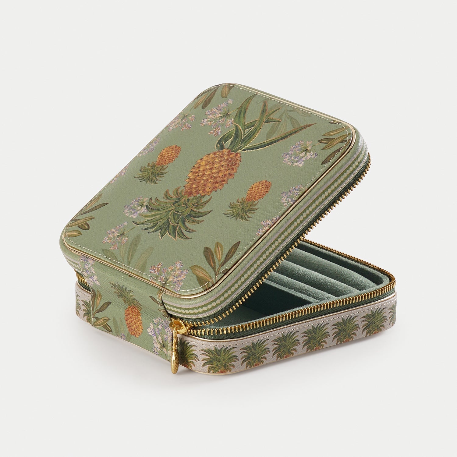 Green Pineapple Print Square Faux Leather Travel Jewellery Box