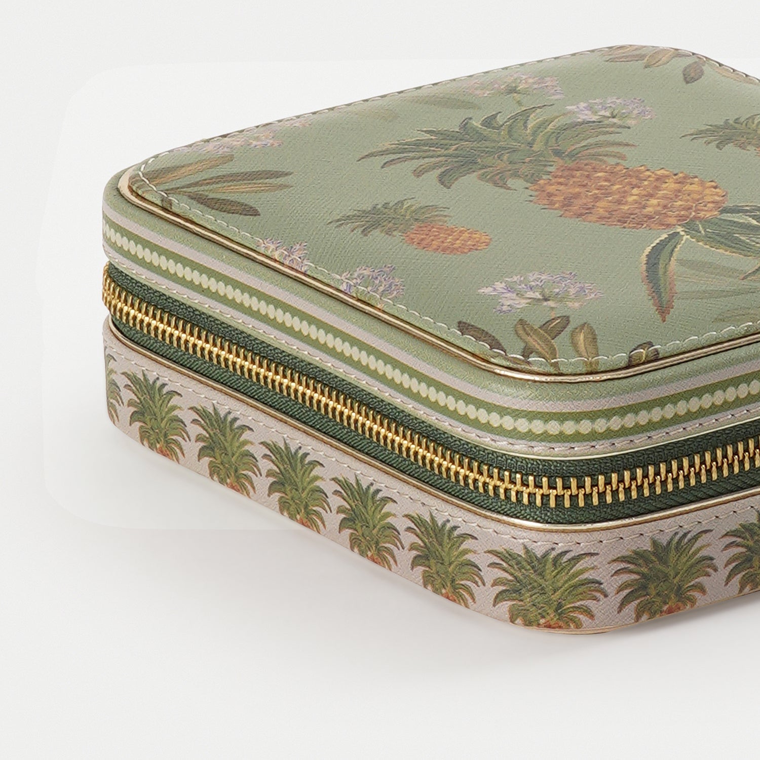 Green Pineapple Print Square Faux Leather Travel Jewellery Box