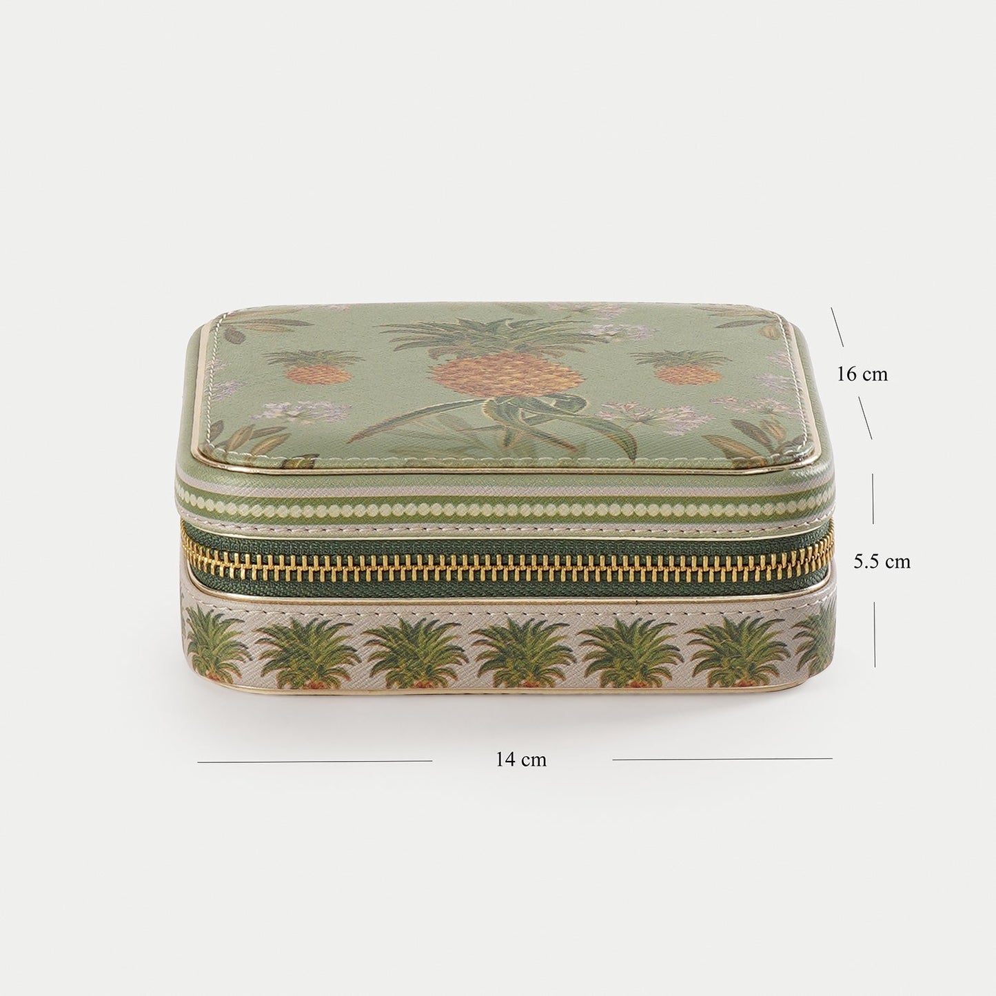 Green Pineapple Print Square Faux Leather Travel Jewellery Box