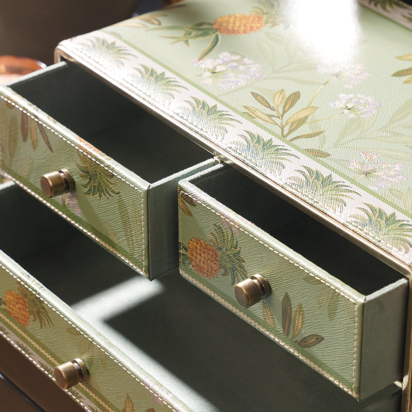Green Pineapple Print Faux Leather Jewellery Organiser