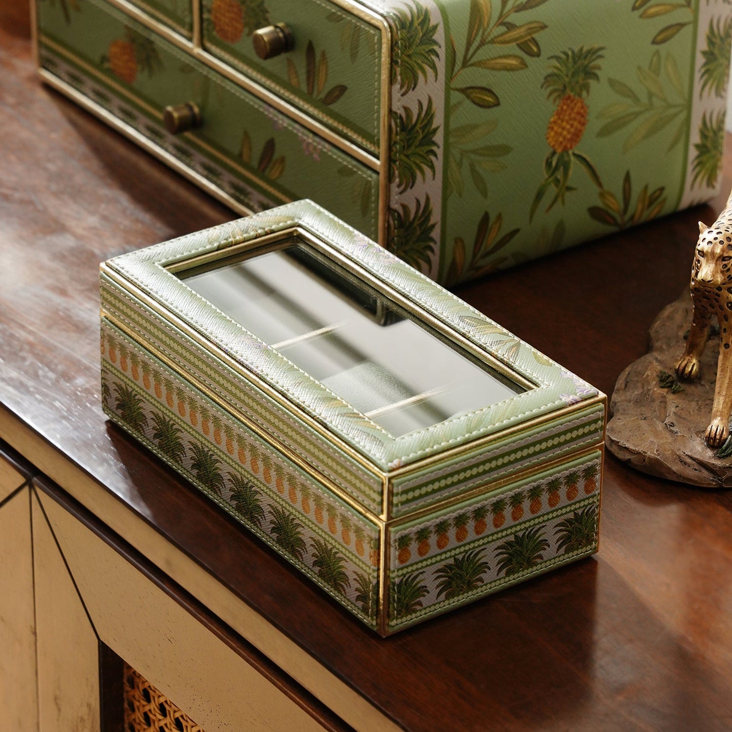 Green 3 Part Pineapple Print Faux Leather Watch Box