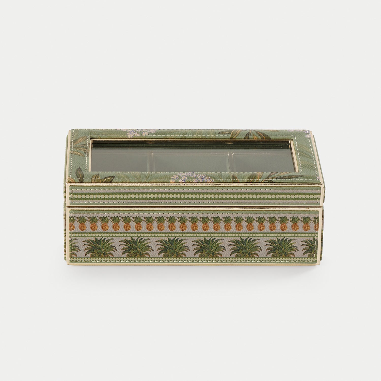 Green 3 Part Pineapple Print Faux Leather Watch Box