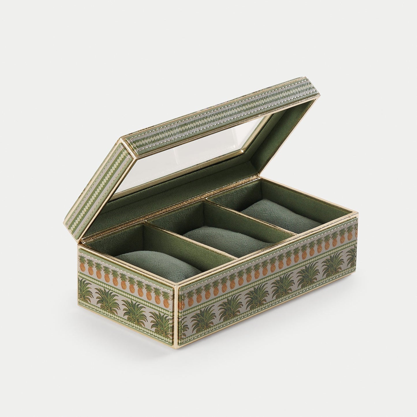 Green 3 Part Pineapple Print Faux Leather Watch Box