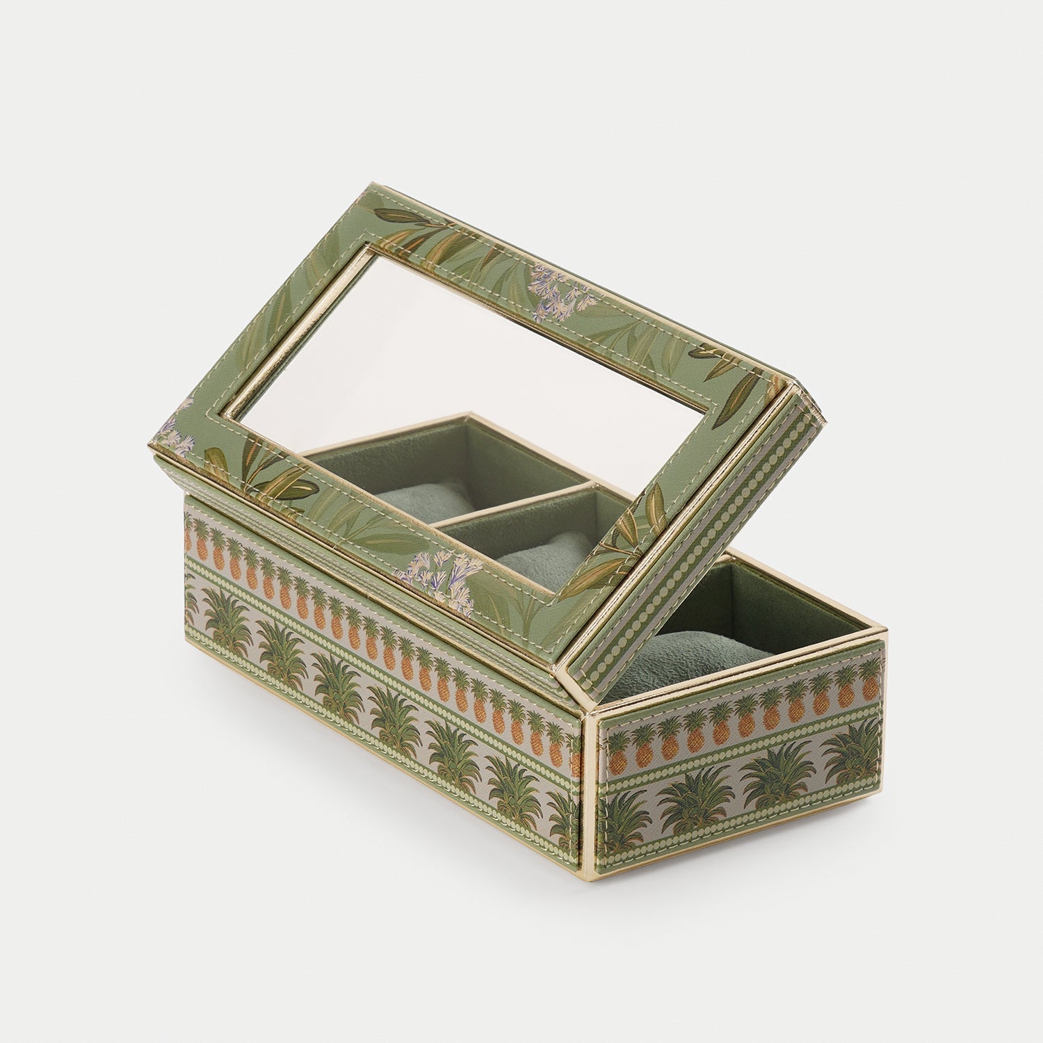 Green 3 Part Pineapple Print Faux Leather Watch Box