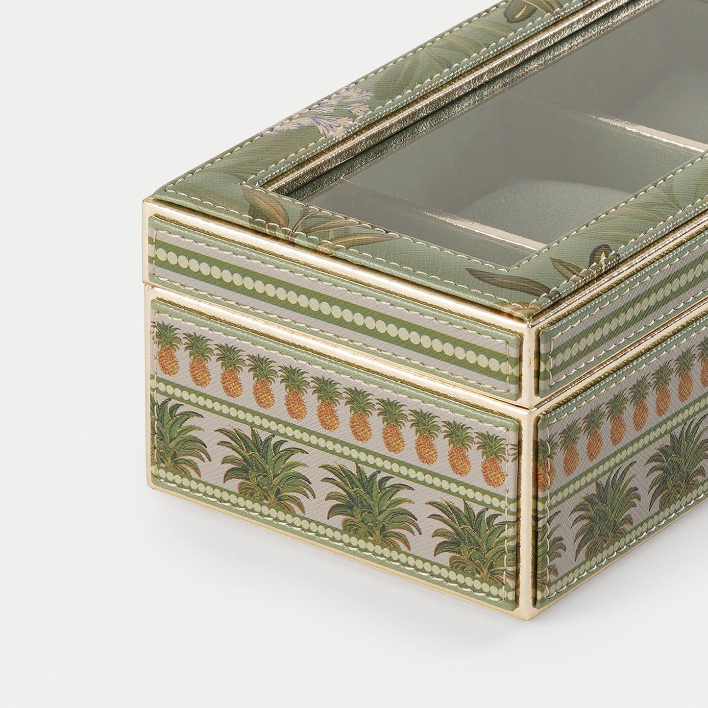 Green 3 Part Pineapple Print Faux Leather Watch Box