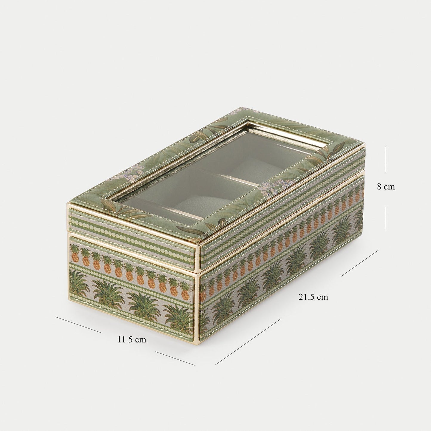 Green 3 Part Pineapple Print Faux Leather Watch Box
