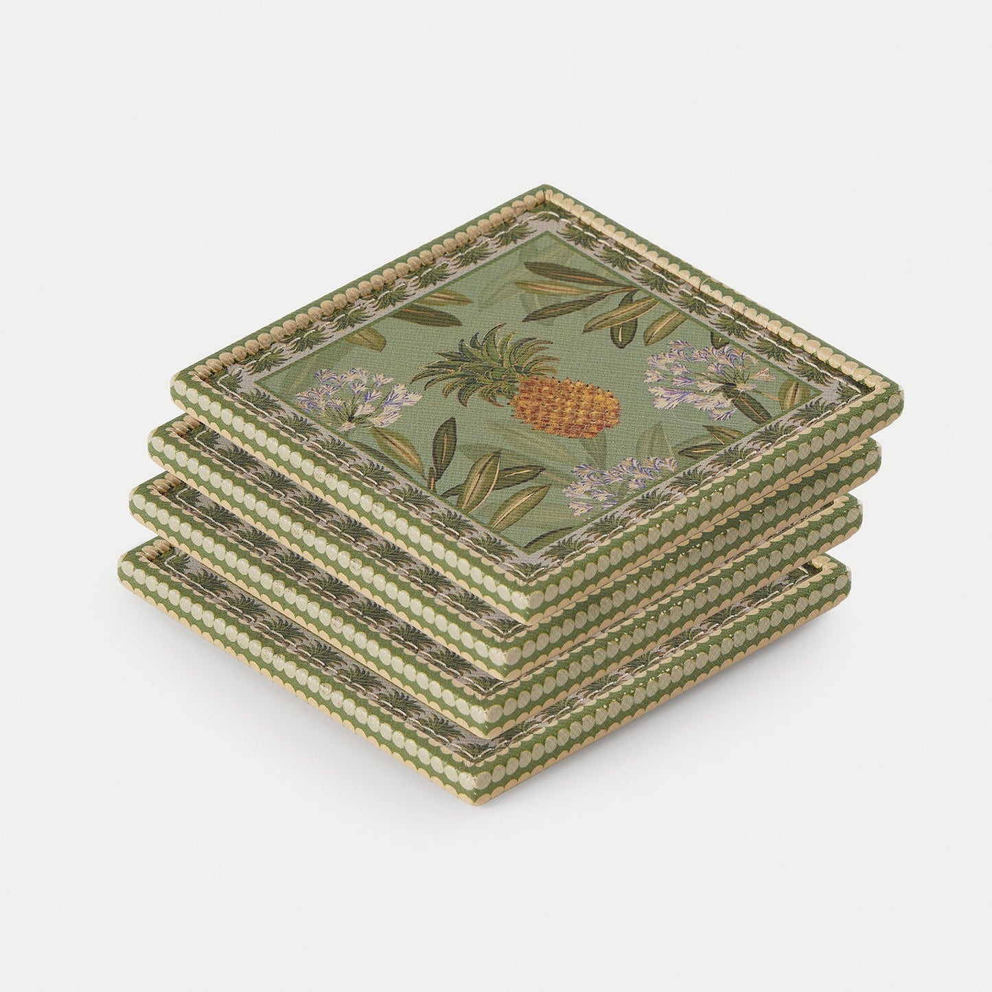 Set of 4 Green Pineapple Print Faux Leather Coasters