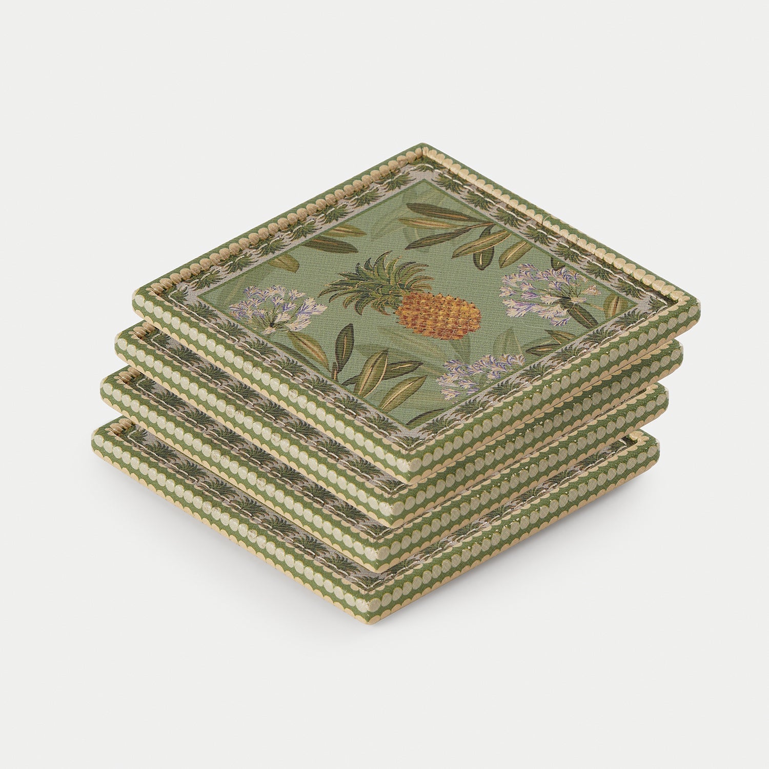 Set of 4 Green Pineapple Print Faux Leather Coasters