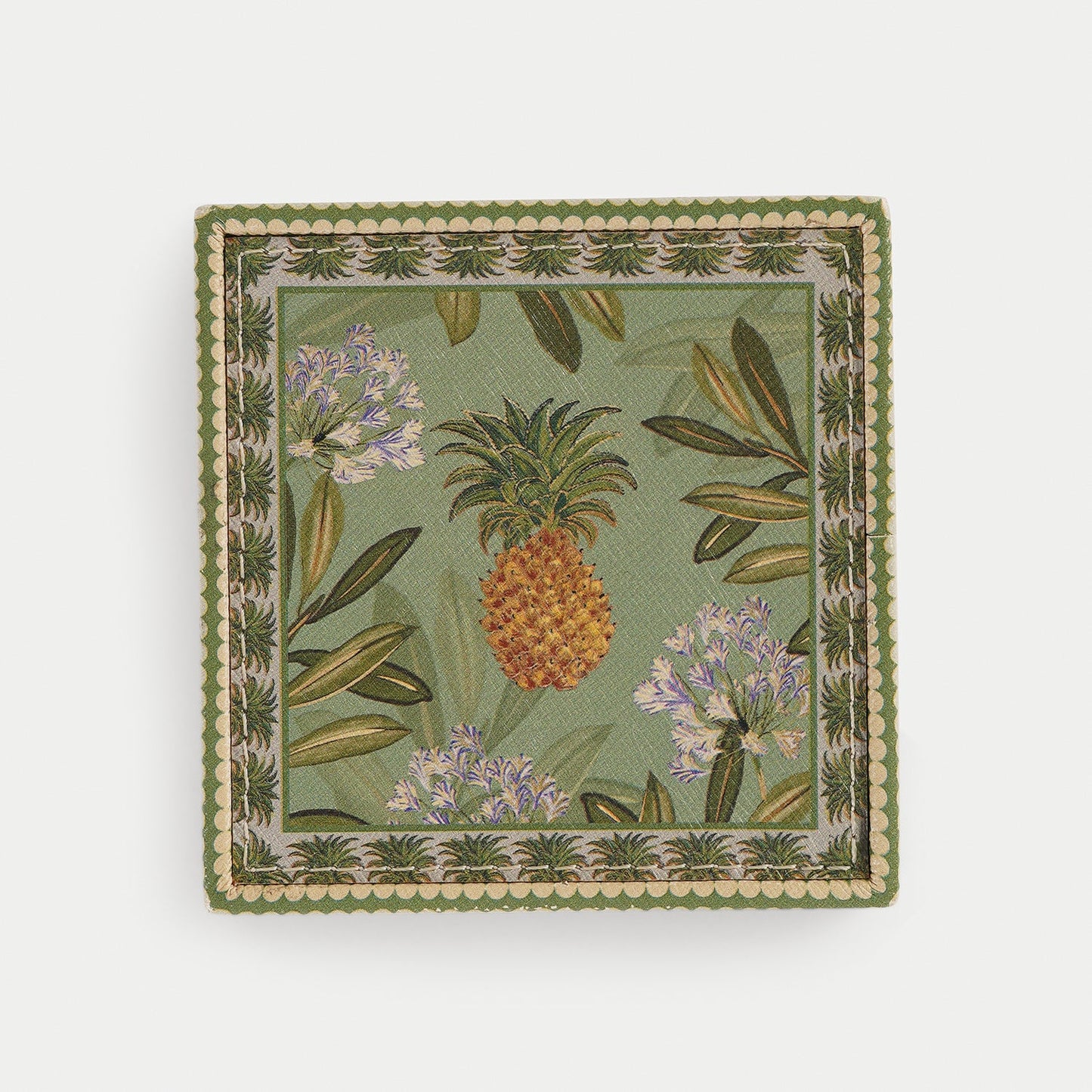 Set of 4 Green Pineapple Print Faux Leather Coasters