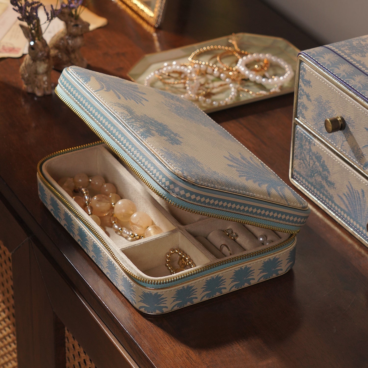 Blue Varena Rectangle Faux Leather Travel Jewellery Box