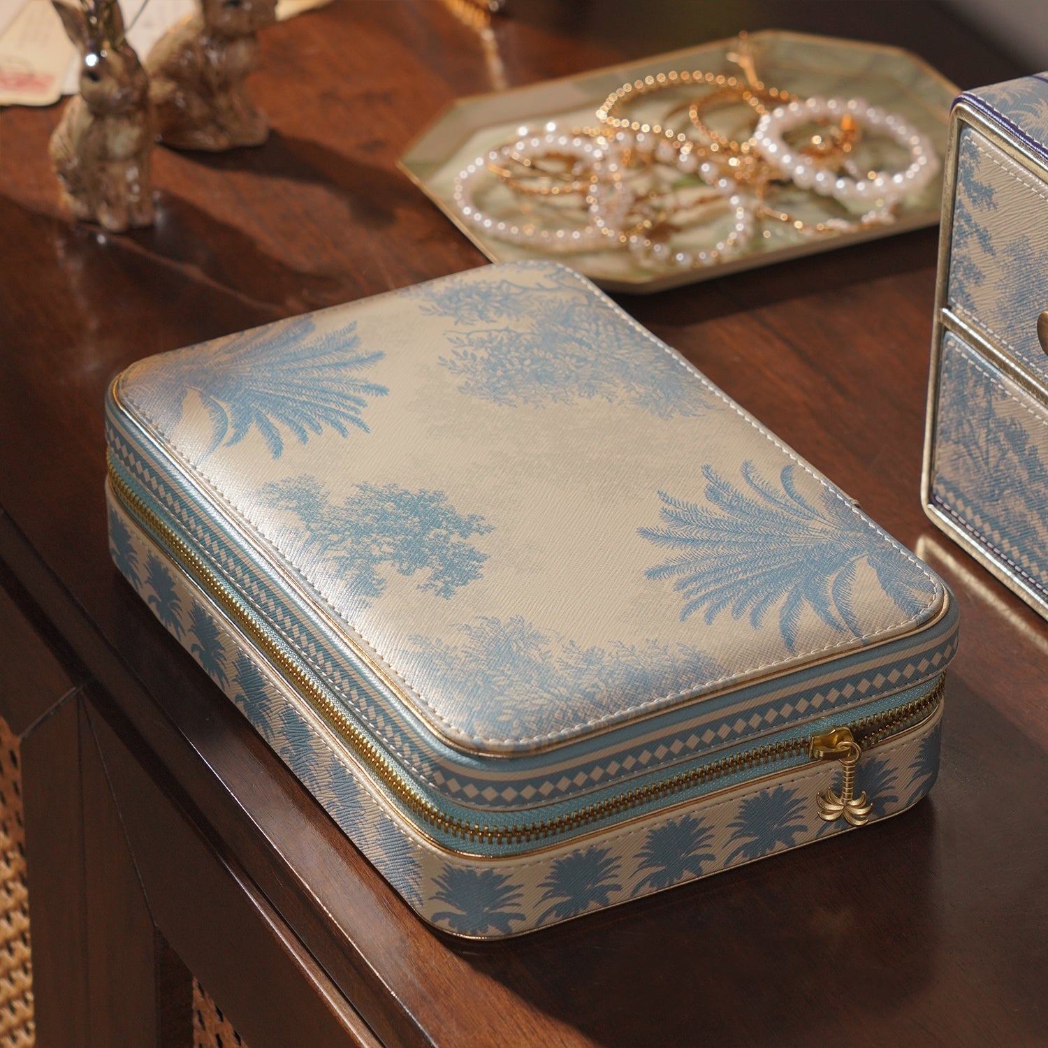Blue Varena Rectangle Faux Leather Travel Jewellery Box