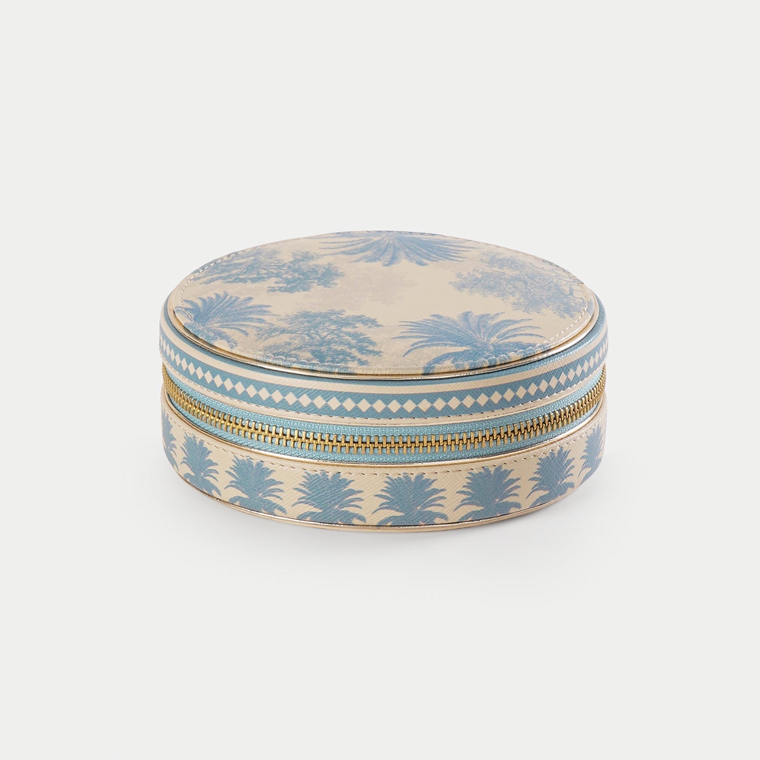 Blue Varena Round Faux Leather Round Travel Jewellery Box