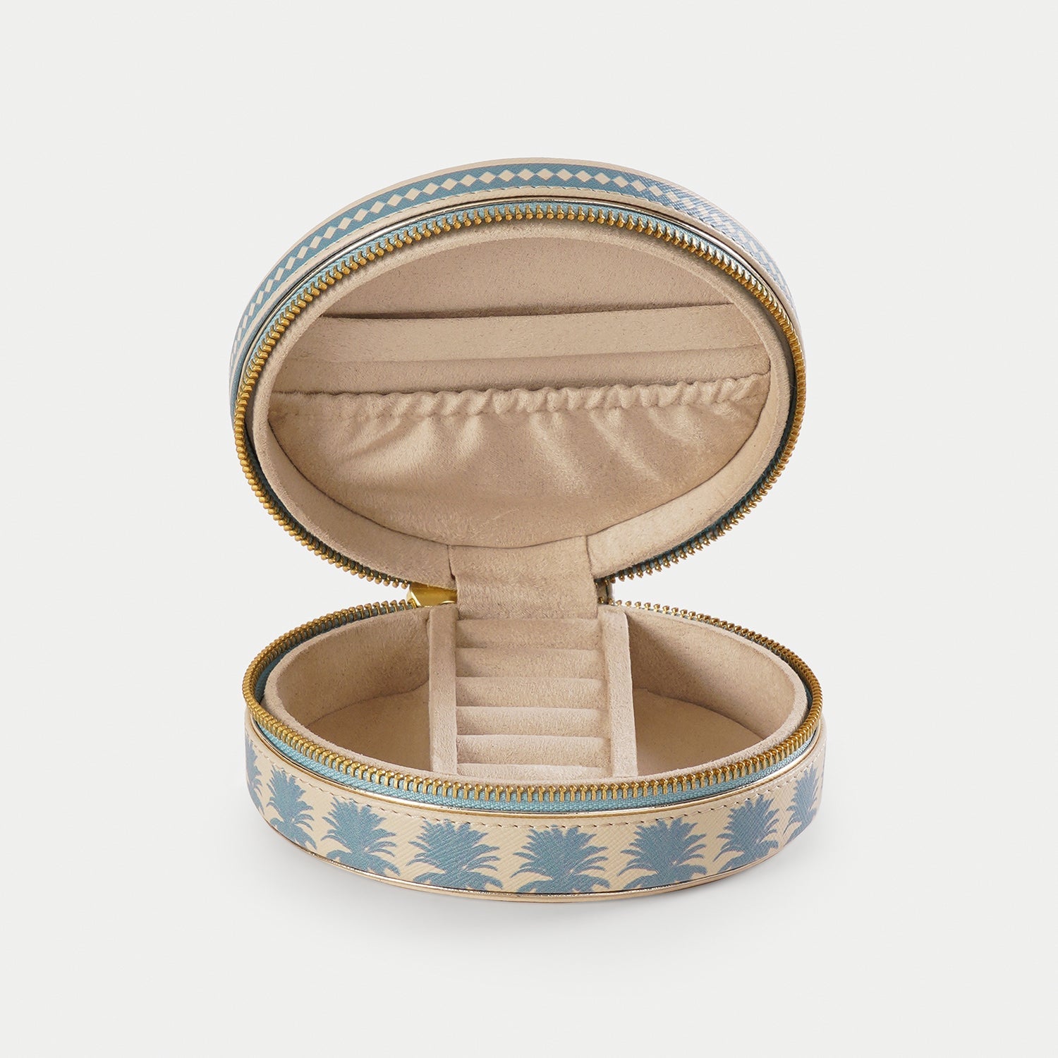 Blue Varena Round Faux Leather Round Travel Jewellery Box
